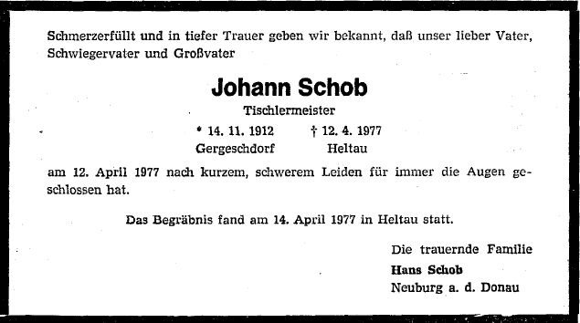 Schob Johann 1912-1977 Todesanzeige